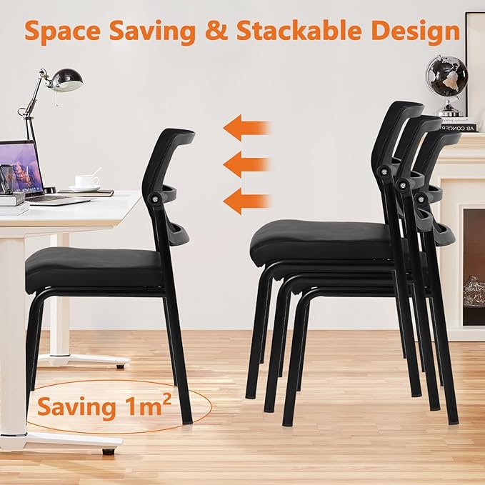 CLATINA Stacking Waiting Room Chairs, Adjustable Mesh Backrest Armless Office Guest Reception Chair with Ergonomic Lumbar Support and Leather Cushion for Conference Lobby Side School Classroom,4PK