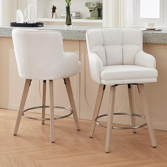 360°Swivel Counter Height Bar Stools with Back, 26 inch Solid Wood Legs, Bar Stool Modern Kitchen Island Chairs, Fabric (Beige- Fabric, 26" H- Set of 2)