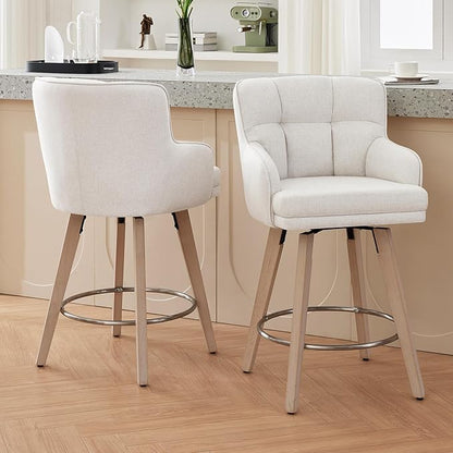 360°Swivel Counter Height Bar Stools with Back, 26 inch Solid Wood Legs, Bar Stool Modern Kitchen Island Chairs, Fabric (Beige- Fabric, 26" H- Set of 2)