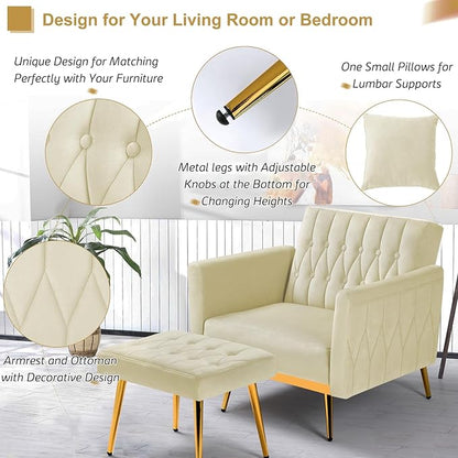 Velvet Accent Chair with Adjustable Armrests and Backrest, Button Tufted Lounge Chair, Single Recliner Armchair with Ottoman and Pillow for Living Room, Bedroom,Beige