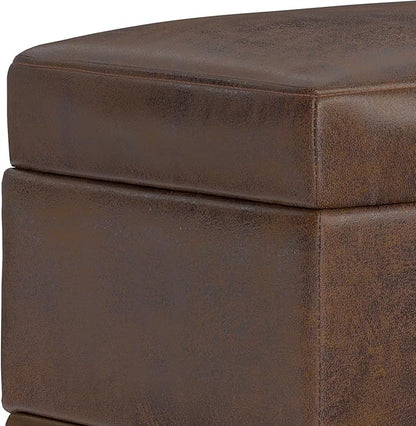 SIMPLIHOME Shiloh 26 inch Wide Transitional Contemporary Small Storage Ottoman in Distressed Chestnut Brown Vegan Faux Leather, Assembled, for The Living Room, Entryway and Family Room