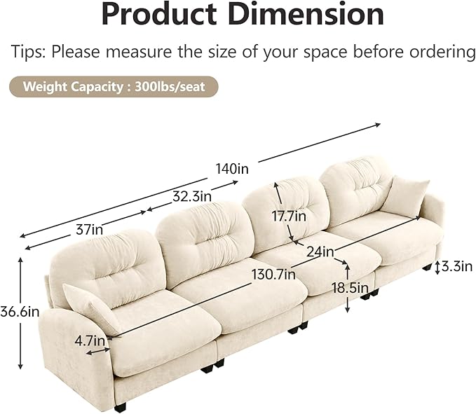 140" 4 Seater Couch for Living Room, Comfy Chenille Fabric Cloud Sectional Couch, Modern Upholstered Deep Seat Sofa with Armrest Pillow, Oversized Sectional Sofa, Beige