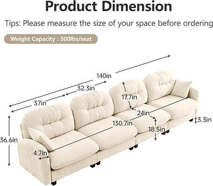 140" 4 Seater Couch for Living Room, Comfy Chenille Fabric Cloud Sectional Couch, Modern Upholstered Deep Seat Sofa with Armrest Pillow, Oversized Sectional Sofa, Beige
