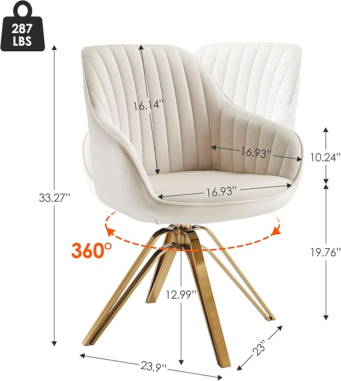 Zouron Mid Century Modern Swivel Accent Chair with Gold Metal Legs, Upholstered Swivel Chair No Wheels, Side Accent Arm Chair Vanity Chair for Small Space Home Office Living Room Bedroom, Off White