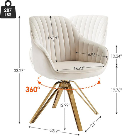 Zouron Mid Century Modern Swivel Accent Chair with Gold Metal Legs, Upholstered Swivel Chair No Wheels, Side Accent Arm Chair Vanity Chair for Small Space Home Office Living Room Bedroom, Off White