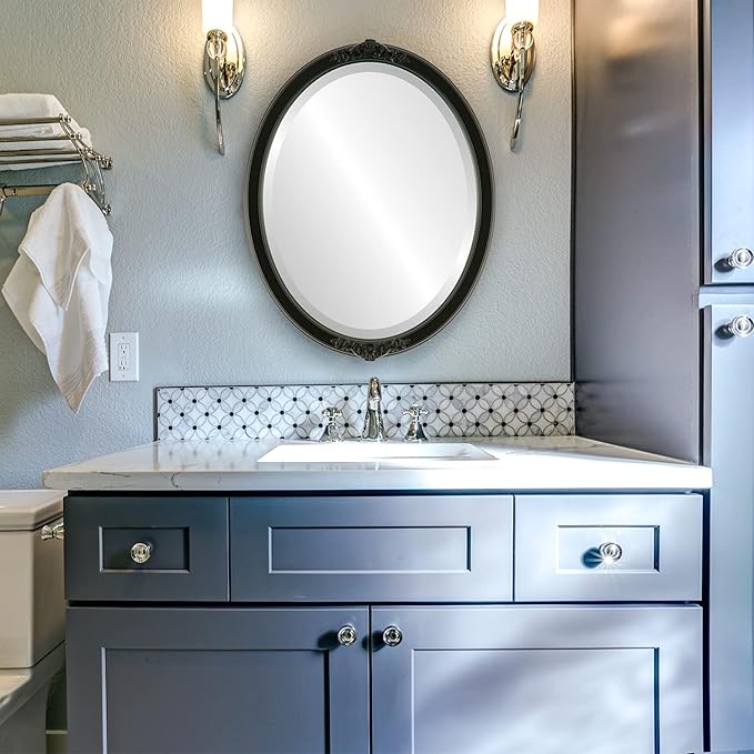 OVALCREST Oval Beveled Wall Mirror for Home Decor - Athena Style - Matte Black - 18" x 14" Outside Dimensions