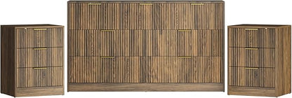 3-Piece Modern Bedroom Furniture Set, Wide 7-Drawer Dresser & 3-Drawer Nightstands Set of 2, Natural Wood Dresser and Nightstand Sets for Bedroom,Hallway, Walnut