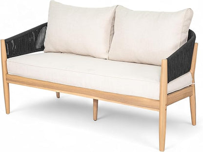 Christopher Knight Home Katarina Patio Acacia Wood Loveseat Furniture, Outdoor Loveseat Sofa with Comfy Fabric Cushions, 2-Seater Sofa with Handwoven Rope Backrest for Garden/Backyard, Black+Beige