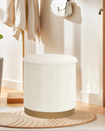 B FSOBEIIALEO Ottoman with Stroage, Round Velvet Storage Ottoman with Gold Plating Base,Foot Rest Stool for Dorm Room, Living Room White, 16.73"x16.73"x17.72"
