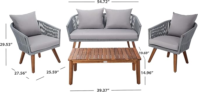 SAFAVIEH PAT7072A Outdoor Velso Rope 4-Piece Seat Cushions and Pillows Included Patio Set