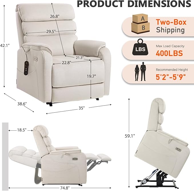 EONIX Dual Motor Lay Flat Power Lift Recliner Chair for Elderly, Chenille Fabric Electric Lift Chairs for Adults, 400lbs Heavy Duty Power Recliner with Heat Massage Charging Ports, Chenille White