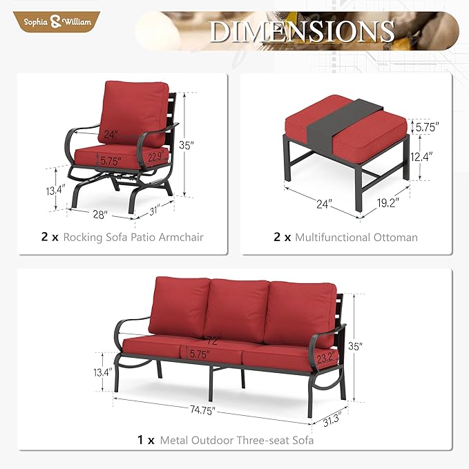 Sophia & William Patio Furniture Sets 5 Seats Outdoor Metal Conversation Sets 5 Pcs with 2 x Cushioned Swivel Sofa Chairs,1 x 3-Seat Sofa,2 x Ottomans for Coffee Lawn Backyard Poolside Red