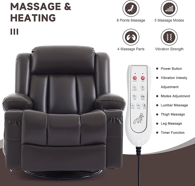 Power Swivel Rocker Recliner Chair with Heat and Massage, USB and Type-C Charging Port, Electric Glider Rocking Chairs, Oversized Recliner Chairs for Adults(Leather, Dark Brown)