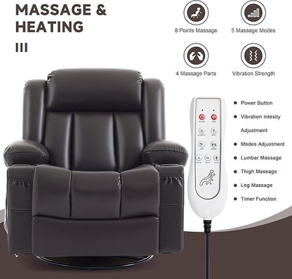 Power Swivel Rocker Recliner Chair with Heat and Massage, USB and Type-C Charging Port, Electric Glider Rocking Chairs, Oversized Recliner Chairs for Adults(Leather, Dark Brown)