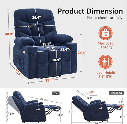 MCombo Power Lift Recliner Chair with Extended Footrest for Elderly People, Fabric 7287 (Navy Blue, Medium)