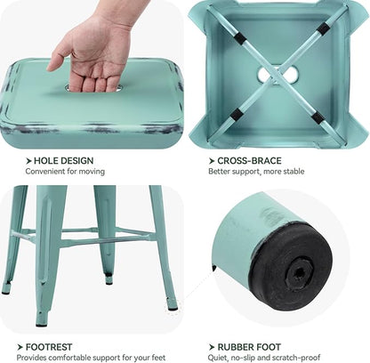 Vogue Furniture Direct 24 Inch Metal Bar Stools, Backless Counter Height Barstools, Indoor Outdoor Stackable Stools with Square Seat, Set of 4 (Distressed Mint Green)