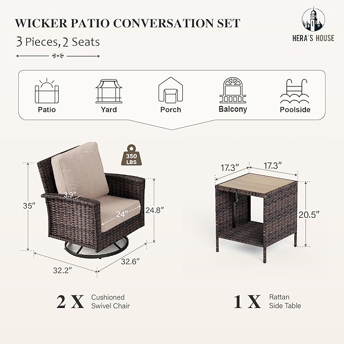 HERA'S HOUSE 3 Pieces Patio Bistro Set, High Back Swivel Wicker Chairs with Rattan Side Table, Outdoor Chairs Set with 5.5" Thick Cushions, Patio Furniture for Bistro Deck Porch Pool, Brown/Beige