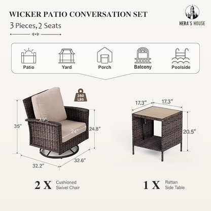 HERA'S HOUSE 3 Pieces Patio Bistro Set, High Back Swivel Wicker Chairs with Rattan Side Table, Outdoor Chairs Set with 5.5" Thick Cushions, Patio Furniture for Bistro Deck Porch Pool, Brown/Beige