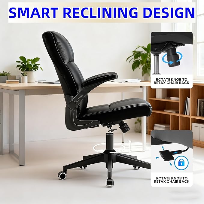 Office Desk Chair Computer Chair with Space Saving Flip-Up Arms, 360° Swivel & Reclining Back, High-Back Executive Chair in Soft Faux Leather for Office&Study（Gray）