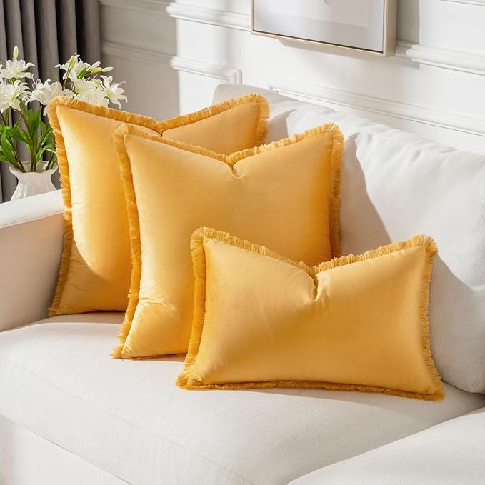 FUTEI Orange Velvet Decorative Throw Pillow Covers 22x22 Set of 2,Soft Cozy Edge with Tassels Cushion Case,Boho Modern Home Decor for Couch Bed Living Room