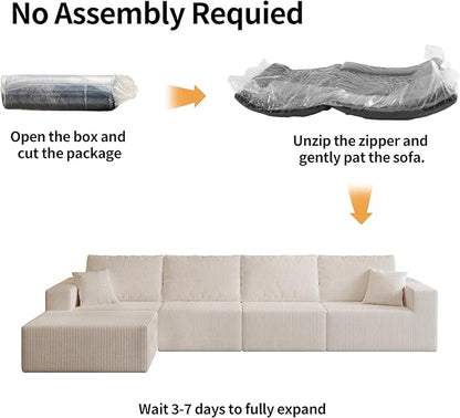 139" Boneless Cloud Sectional Couch for Living Room, Compressed Modular L-Shaped Sofa with Deep Seat, Frameless Corduroy Couch in Boxes, No Assembly Required 4-Seater (Left-Facing Chaise, Beige)