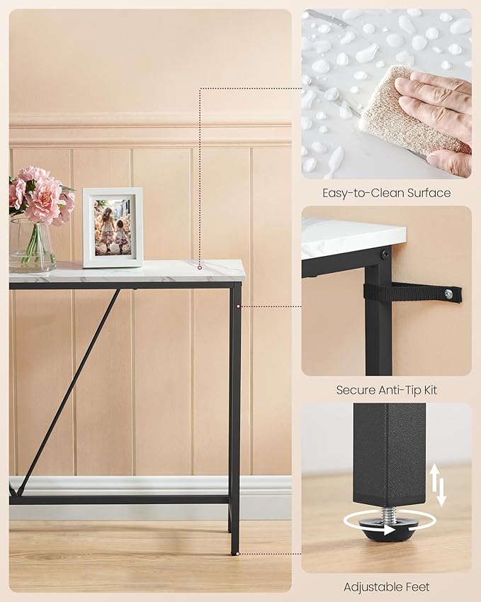 VASAGLE Console Sofa Table, Narrow Entryway Table, for Living Room, Bedroom, Easy Assembly, Marble White and Ink Black ULNT020W01