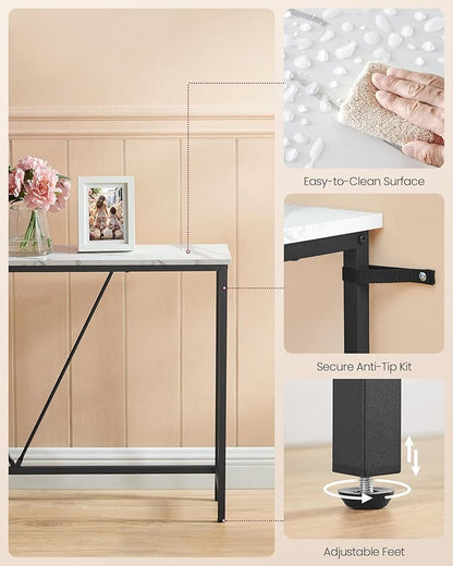 VASAGLE Console Sofa Table, Narrow Entryway Table, for Living Room, Bedroom, Easy Assembly, Marble White and Ink Black ULNT020W01
