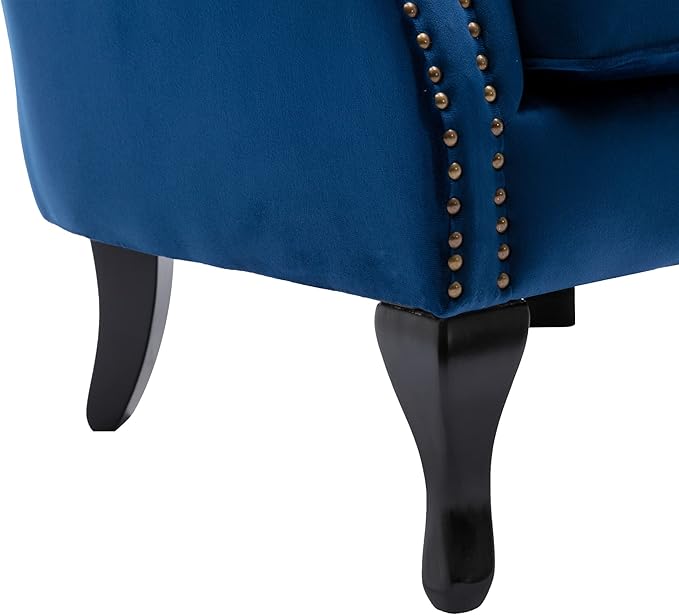 Mid Century Modern Accent Chair Upholstered Armchair Comfy Velvet Fabric Single Sofa with Tufted Wingback for Small Spaces Bedroom Living Room, Blue