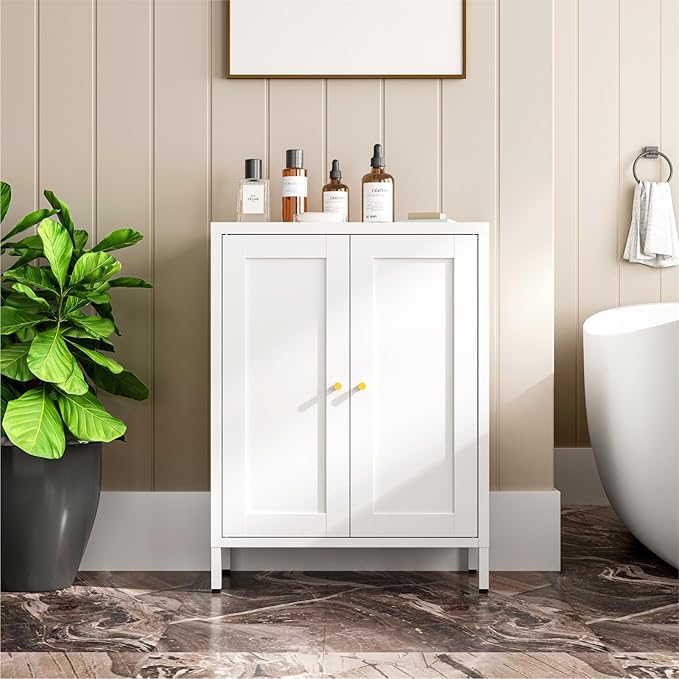 Metal Bathroom Cabinet, Small Floor Storage Cabinet, Freestanding Sideboard with 2 Adjustable Shelves for Living Room, Dinging Room (White, 31.5" H-2 Doors)