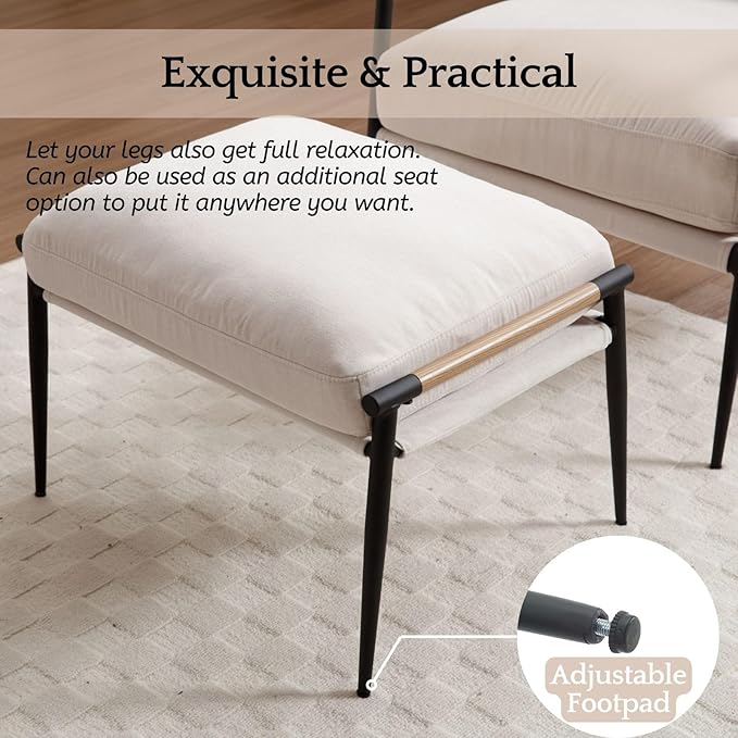 LukeAlon Upholstered Chenille Footstool, Modern Ottoman Footrest Small Shoe Stool with Black Metal Legs Mid Century Vanity Stool with Wooden Armrests for Living Room Entrance Cushion Removable, Beige