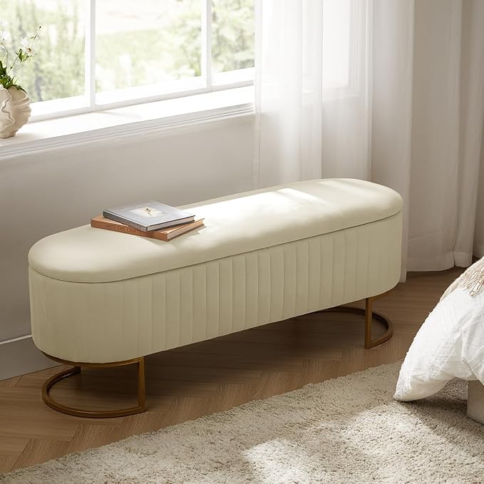 EcoHarbor Living 50.5" Storage Bench Hallway Ottoman,Upholstered End of Bed Bench Velvet with Gold Legs,Flipping Lid Entryway Footrest