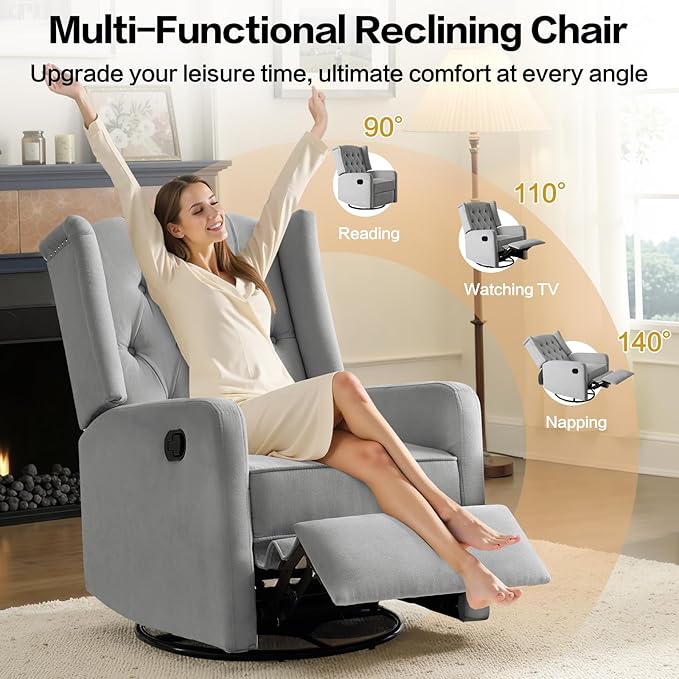 ABAKAN Swivel Rocker Recliner Chair, 360 Degree Nursery Rocking Recliner, Linen Glider Chair with Button Tufted Wingback Chair, for Living Room, Bedroom, Gray