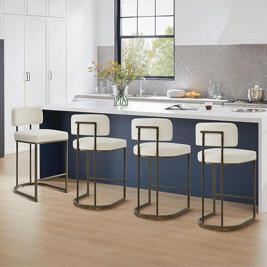 26" H Counter Height Bar Stools Set of 4, Modern Linen Fabric Upholstered Barstools with Backrest for Kitchen Island, Gold Metal Frames, Linen
