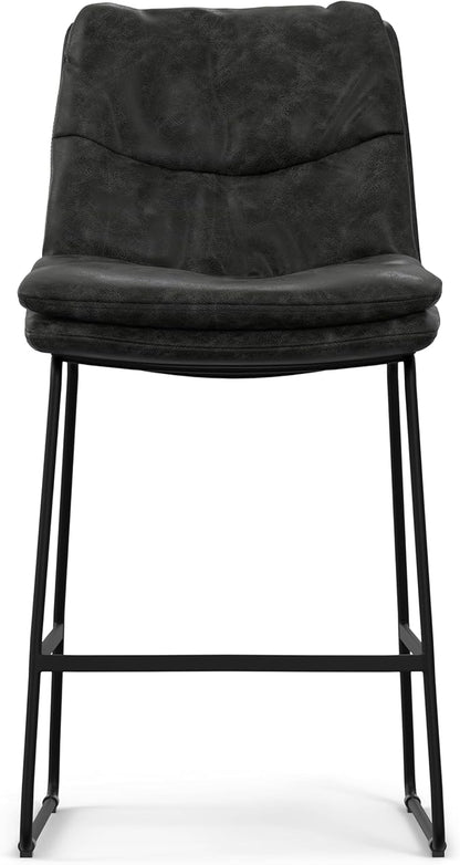 SIMPLIHOME Danika Counter Stools (Set of 2) - 24 Inch Seat Height Upholstered Metal Kitchen Seats in Distressed Charcoal Grey Vegan Faux Leather, Mid Century Seating with Tufted Design and Footrest