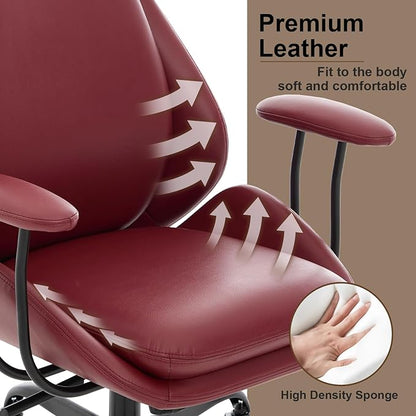 Home Office Desk Chair, PU Casters Ergonomic Computer Chair with Lumbar Support, Adjustable Height, 360°Rolling Swivel Chair, High Back Executive Task, Padded Armrests Chair, Red Leather