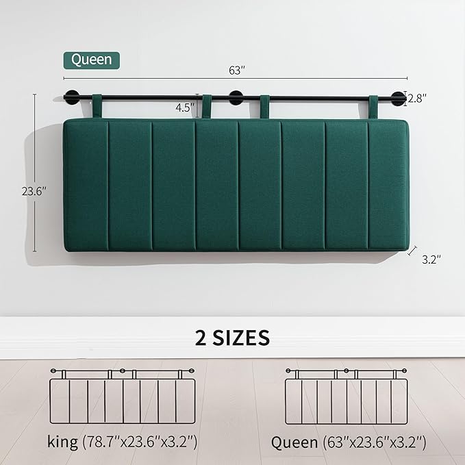 UEV Queen Headboard Only, Wall Mounted Hanging Upholstered Bed Head Board, Modern Vertical Channel Design of Fine Linen, Elegant Dark Green Fluted Headboard for Bedroom (Dark Green, Queen Size)