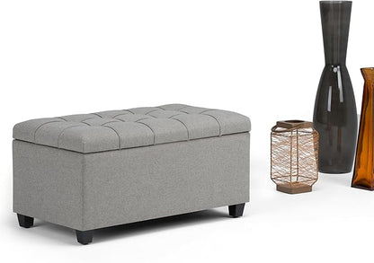 SIMPLIHOME Sienna Storage Ottoman Bench - 33 inch Wide Upholstered Linen Look Fabric Rectangle Storage Ottoman Bench in Fawn Brown, Transitional Tufted Ottoman for Living Room with Lift Top