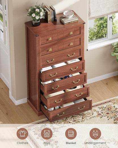 AOGLLATI Farmhouse Dresser with 7 Drawers, 58.7”Tall Wooden Rustic Chest of Drawers with Natural Texture, Vintage Design, Bedroom Dressers with Drawers for Bedroom, Oak Brown