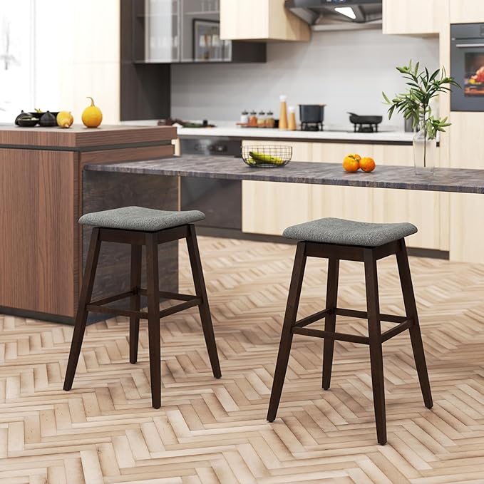 COSTWAY Swivel Bar Stools Set of 4, 30-inch Height Backless Upholstered Chairs with Padded Contoured Seat, Rubber Wood Legs, Footrest, Linen Fabric Barstools for Kitchen Counter Island, Grey+Brown
