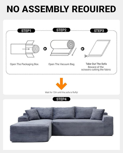 95 Inch Cloud Sectional Couch,Modular Sectional Sofa with Deep Seat,Modern Corduroy Boneless Couches with L-Shape Chaise for Living Room Bedroom,No Assembly Required (Grey, Left Facing Chaise)