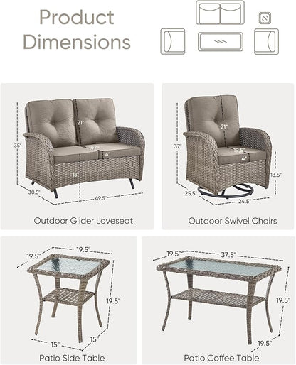 HUMMUH Patio Furniture Wicker Outdoor Furniture Sets High Back Outdoor Glider Bench with Patio Swivel Chairs Patio Conversation Sets for Deck Lawn Porch Balcony Poolside-Grey/Grey
