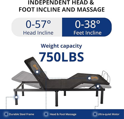 Twin XL Adjustable Bed Base Frame with Wireless Remote + 14 Inch Copper Memory Foam Mattress Bed in a Box, Head and Foot Incline & Massage, Zero Gravity, Fiberglass Free, 80" × 38"