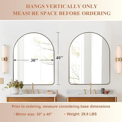 ANDY STAR 30x40 Inch Gold Bathroom Mirror, Arch Top Design Stainless Steel Mteal Frame, Brass Arch Mirrors for Wall Ideal for Bathroom, Entry, Living Room