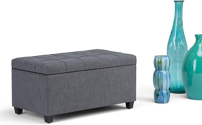 SIMPLIHOME Sienna Storage Ottoman Bench - 33 inch Wide Upholstered Linen Look Fabric Rectangle Storage Ottoman Bench in Dove Grey, Transitional Tufted Ottoman for Living Room or Entryway with Lift Top