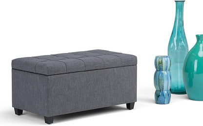 SIMPLIHOME Sienna Storage Ottoman Bench - 33 inch Wide Upholstered Linen Look Fabric Rectangle Storage Ottoman Bench in Dove Grey, Transitional Tufted Ottoman for Living Room or Entryway with Lift Top
