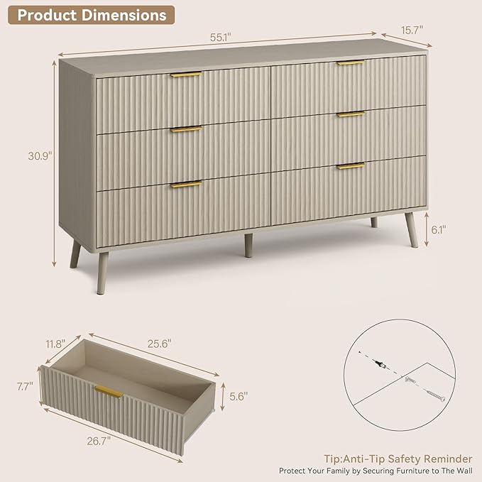 CARPETNAL Fluted 6 Drawer Dresser for Bedroom, 55" Wide Wooden Chest of Drawers with Rounded Corners, Gold Handles, Modern Storage Organizer for Bedroom, Hallway(Beige)