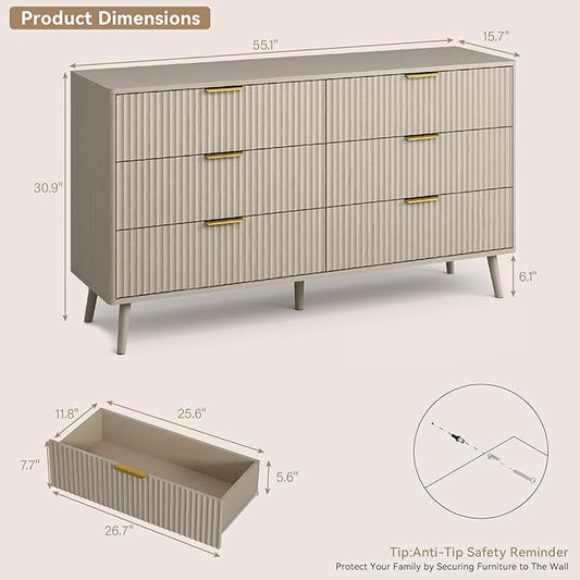 CARPETNAL Fluted 6 Drawer Dresser for Bedroom, 55" Wide Wooden Chest of Drawers with Rounded Corners, Gold Handles, Modern Storage Organizer for Bedroom, Hallway(Beige)