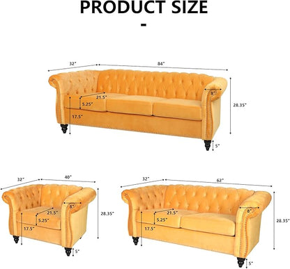 2 Piece Living Room Sofa Set, 3 Seater Velvet Sofa Couch and Chair Set, Mid Century Modern Upholstered Couch with Cushions, Comfy Tufted Chesterfield Couches for Living Room, Bedroom, Office