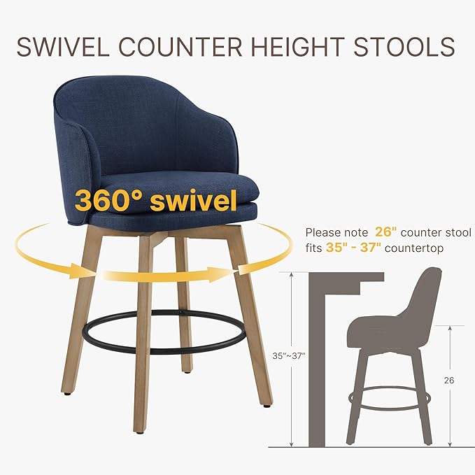 Counter Height Barstools 26 inch Upholstered Swivel Bar Stools with Back and Wood Legs for Kitchen Island,Set of 4,Blue Fabric