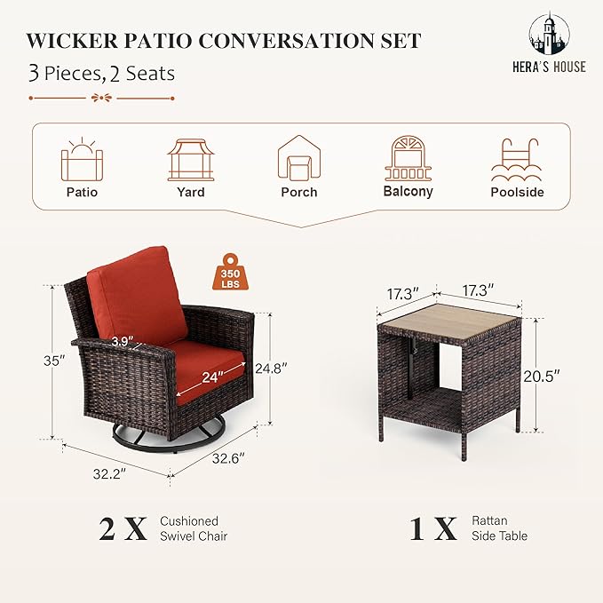 HERA'S HOUSE Oversized Patio Wicker Chairs, High Back Outdoor Swivel Chairs Set of 2 with Rattan Side Table, 5.5" Thick Cushions, 3-Piece Patio Furniture Sets for Deck Porch Pool, Brown/Red